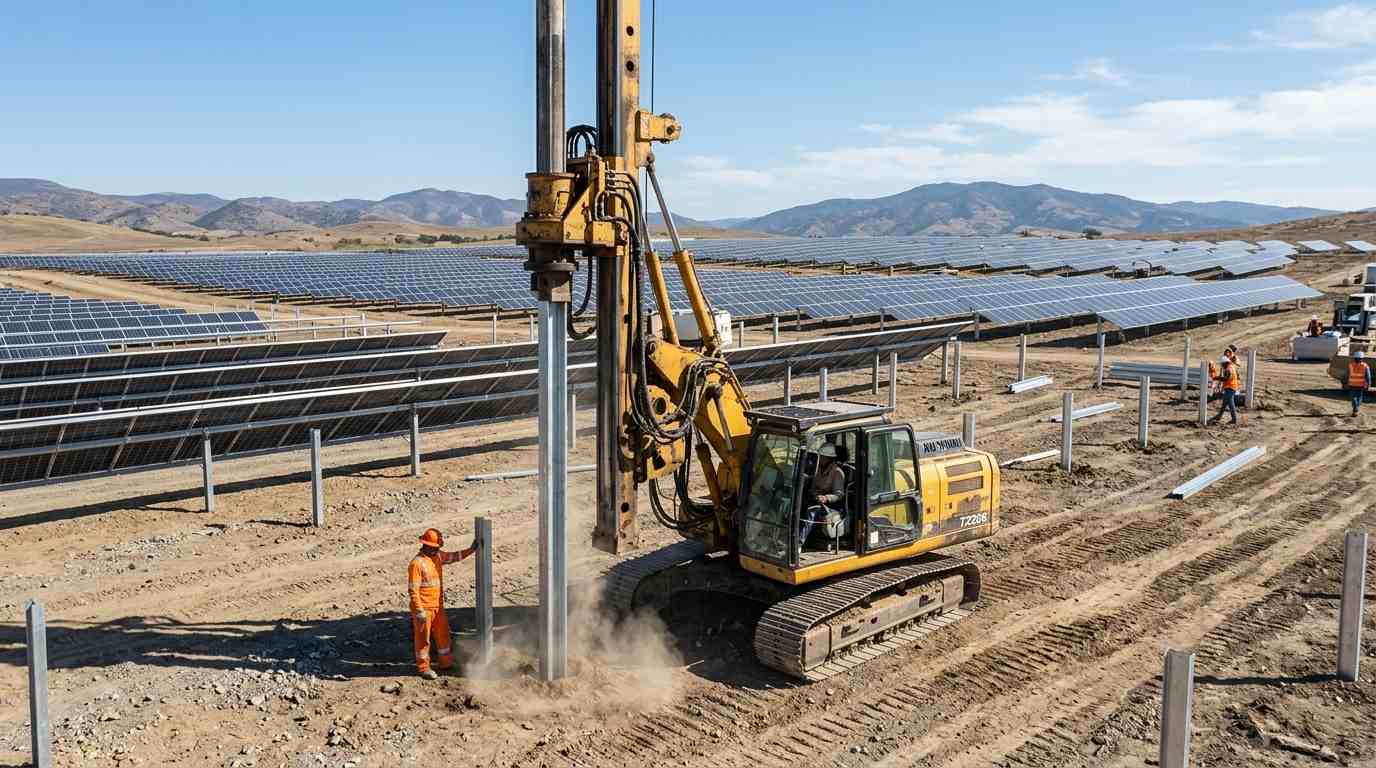 TZ536 solar pile driver working on a PV site TZ536 solar pile driver working on a PV site