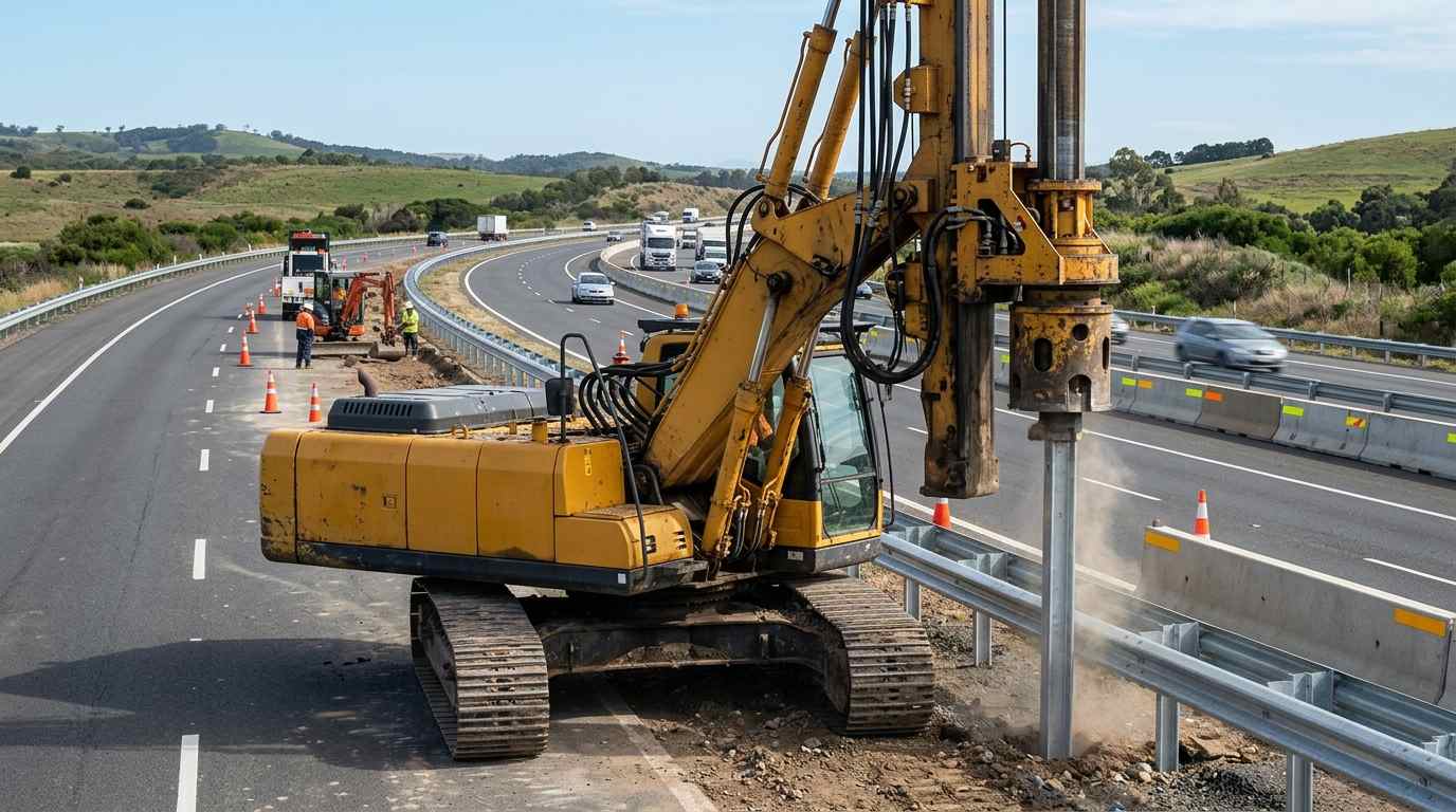 TeZhong TZ390 guardrail pile driver on a highway TeZhong TZ390 guardrail pile driver on a highway
