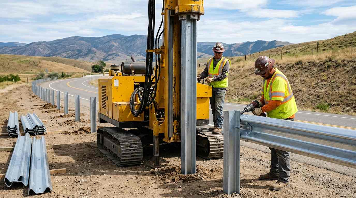 driving a single post → bolting the guardrail beam driving a single post → bolting the guardrail beam